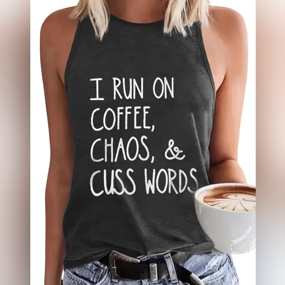🆕 Women's Sleeveless Heathered Grey & Funny Screen Print T-shirt